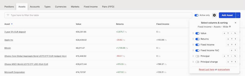 Screenshot of a financial portfolio dashboard showing asset values, returns, fixed income, and customizable sorting options.