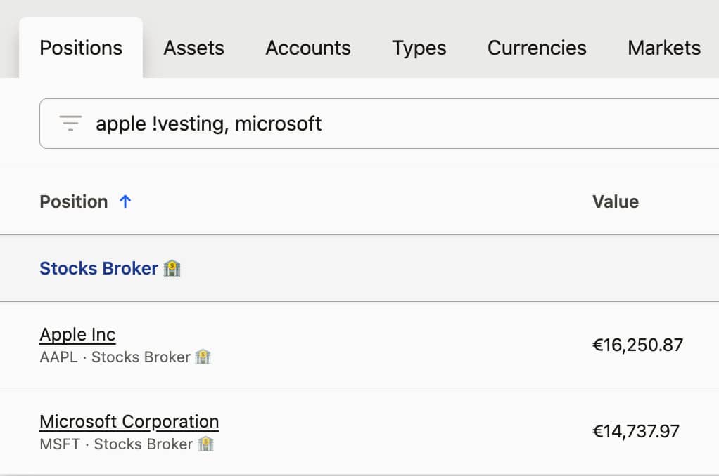 Screenshot of a finance dashboard showing filtered stock positions for Apple Inc. and Microsoft Corporation with their respective values in euros.