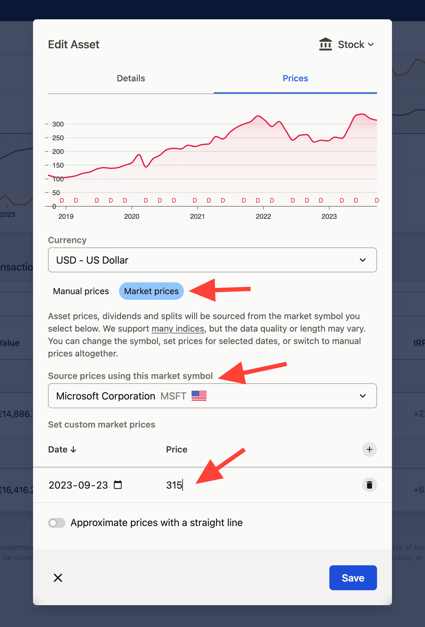 Screenshot of an "Edit Asset" form showing market price editing for Microsoft Corporation, with USD currency and a price input of 315.