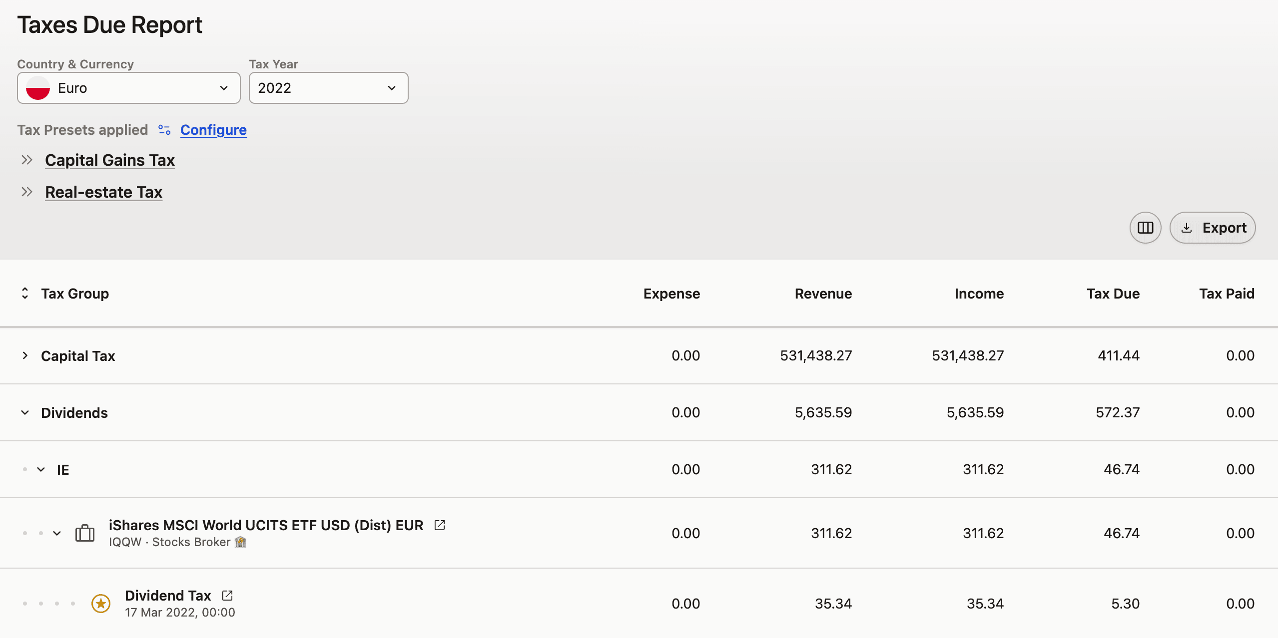 Taxes Due Report screenshot showing Euro 2022 tax year, capital gains and dividends details, including revenue, income, and tax due.