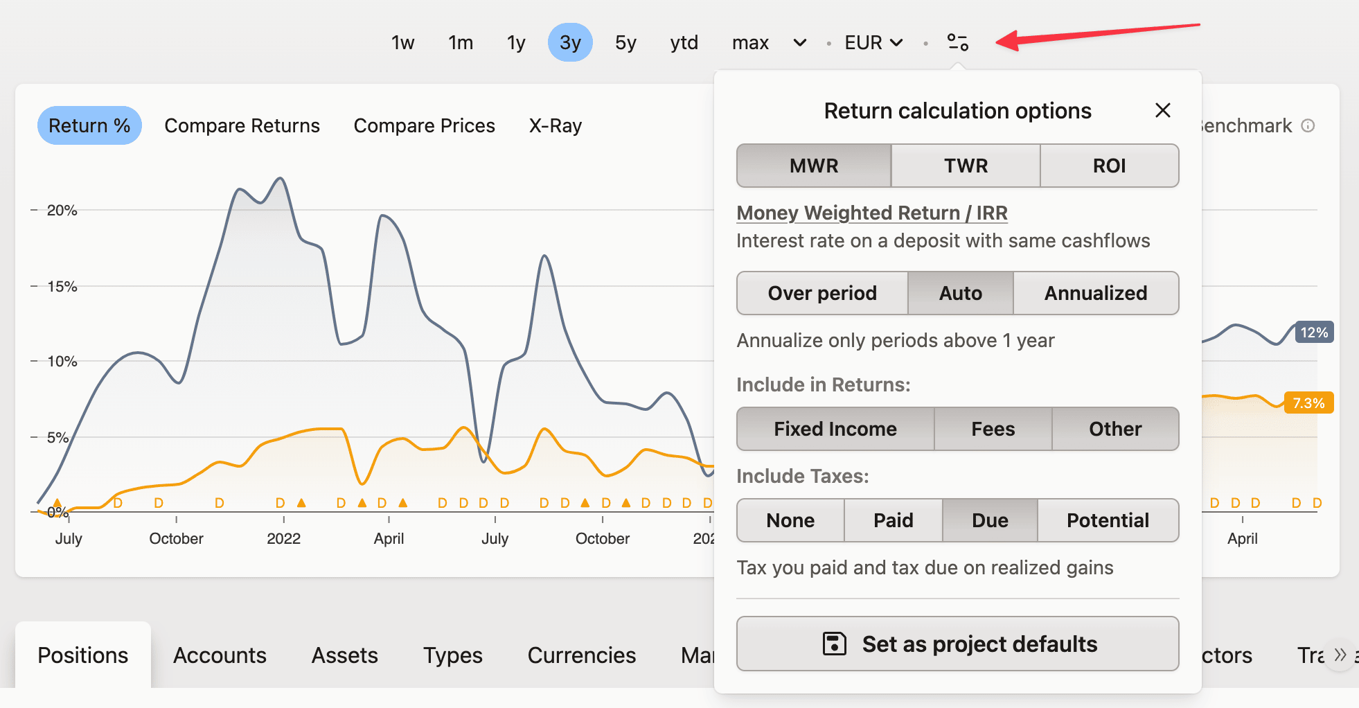 Screenshot of a financial dashboard displaying return calculation options, performance graphs, and currency settings for portfolio analysis.