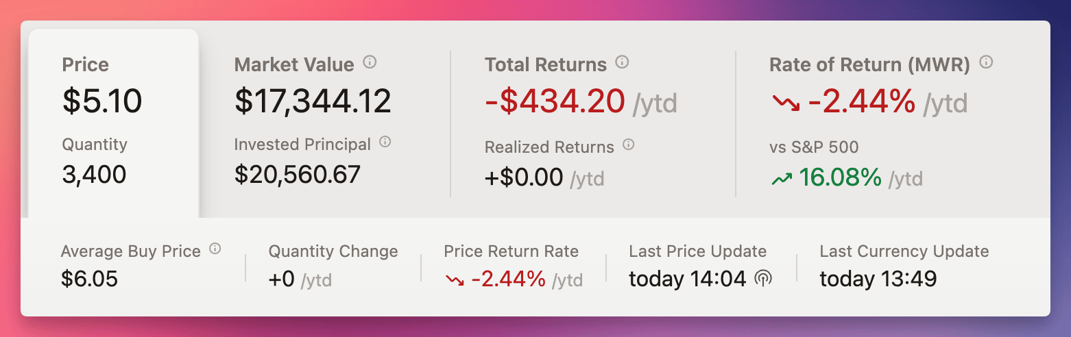 Investment dashboard showing a stock priced at $5.10, -2.44% YTD return, $17,344.12 market value, and $434.20 total loss year-to-date.