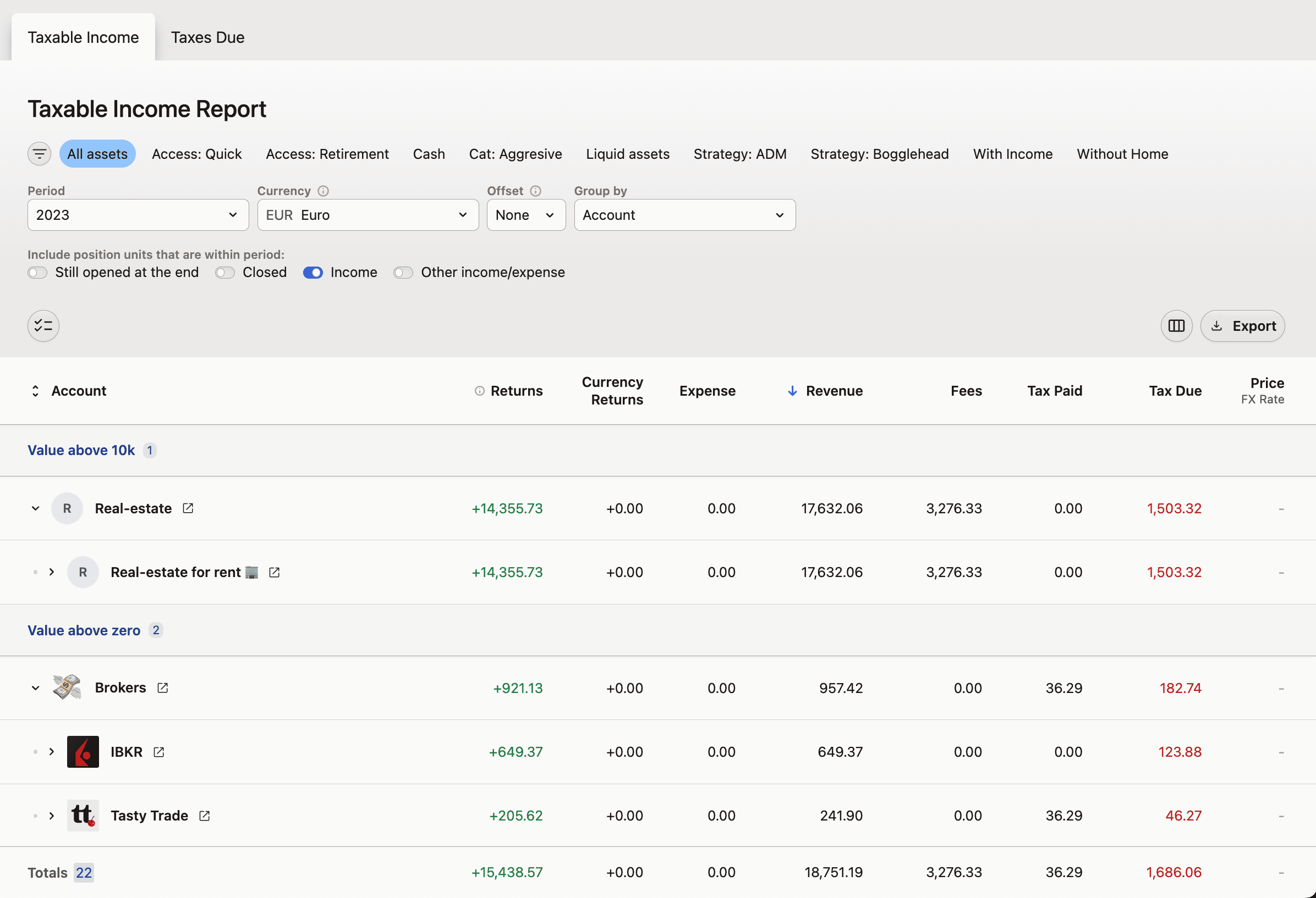 Screenshot of a Taxable Income Report showing asset accounts, returns, revenue, fees, tax paid, and total taxable income for 2023.