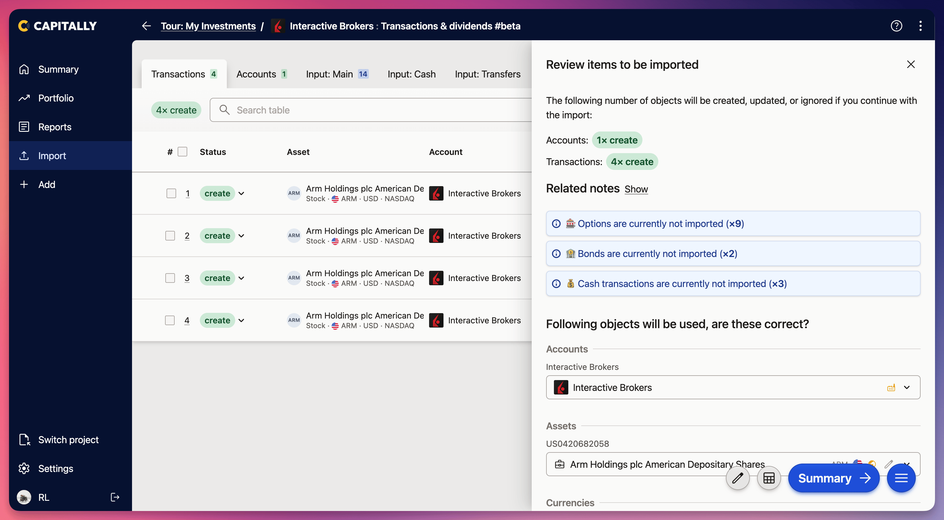 Screenshot of the Capitally platform showing the import review screen for Interactive Brokers transactions and account details.