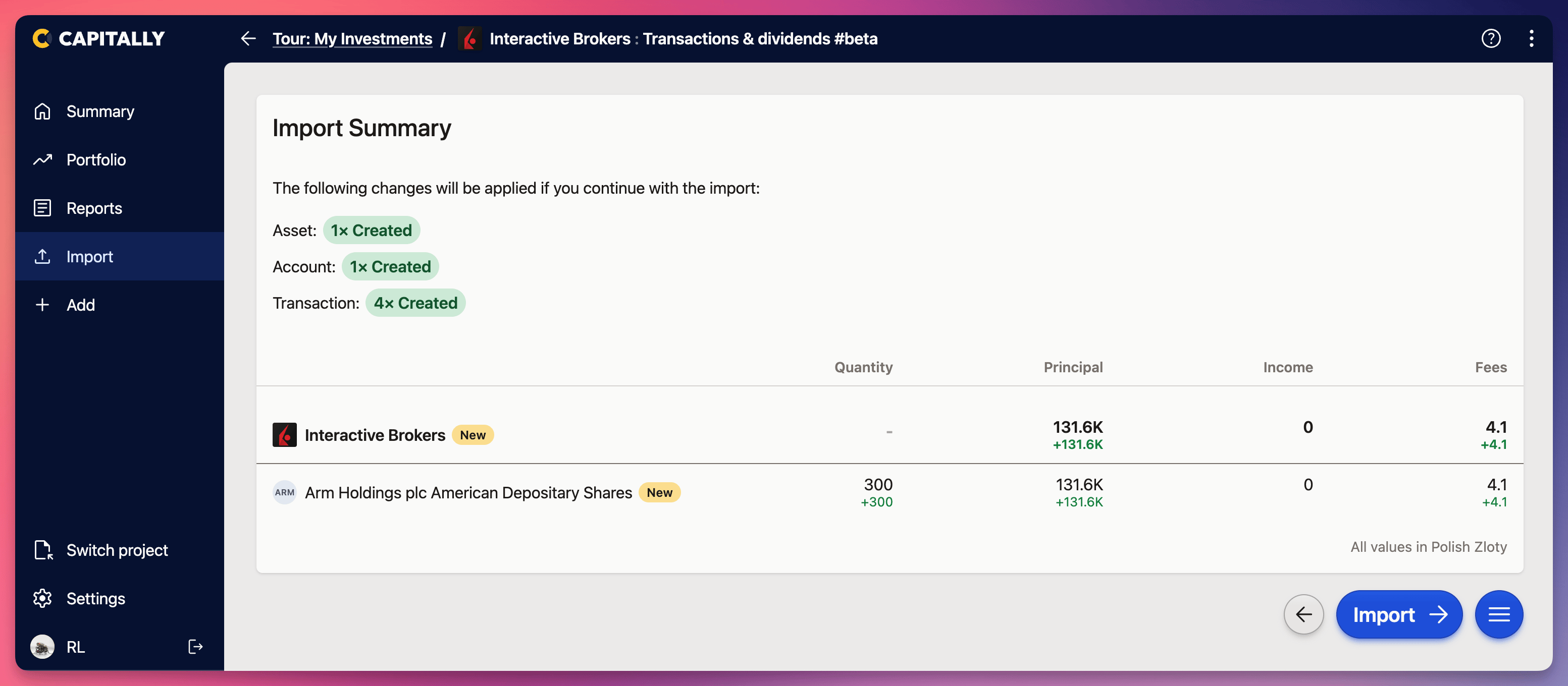 Screenshot of Capitally's Import Summary page showing imported Interactive Brokers transactions and account details for investment tracking.