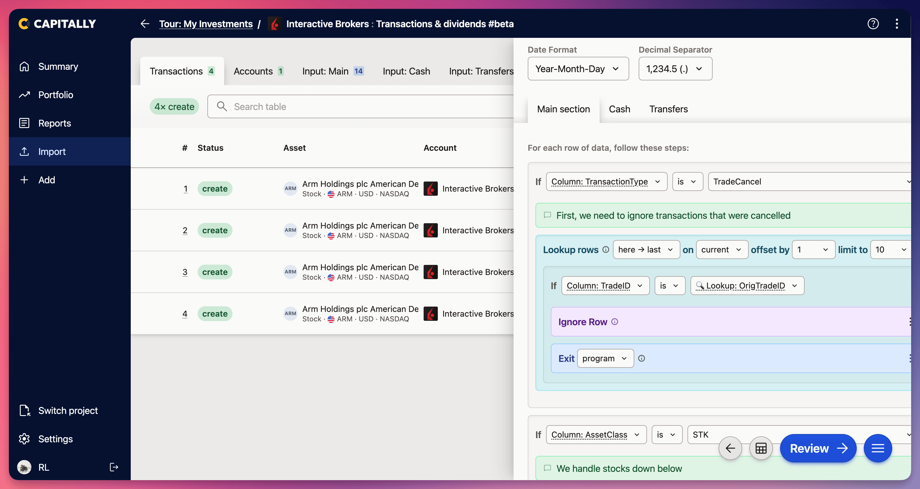 Screenshot of CAPITALLY's investment dashboard showing transactions, asset accounts, filters, and data import configuration settings.