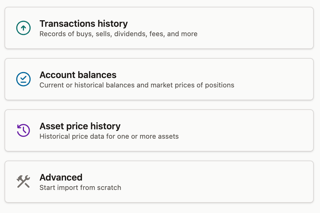 Screenshot of a financial app interface showing options for transactions history, account balances, asset price history, and advanced import.
