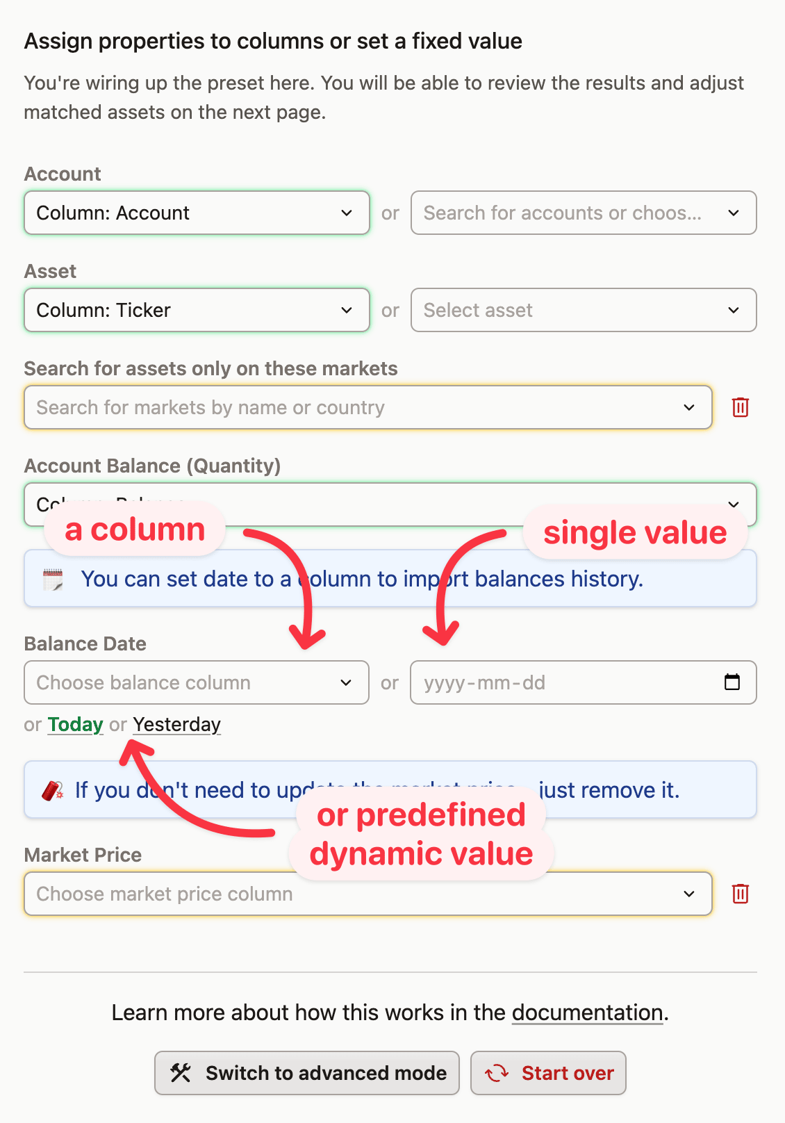 Screenshot of a financial app interface showing how to assign properties to columns or set fixed values, with annotations explaining options.