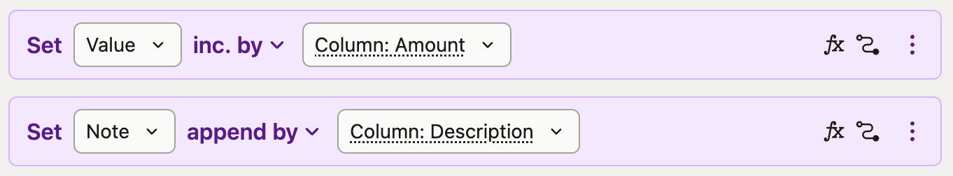 Screenshot of a workflow automation interface showing actions to increment a value by an amount and append a note by a description column.