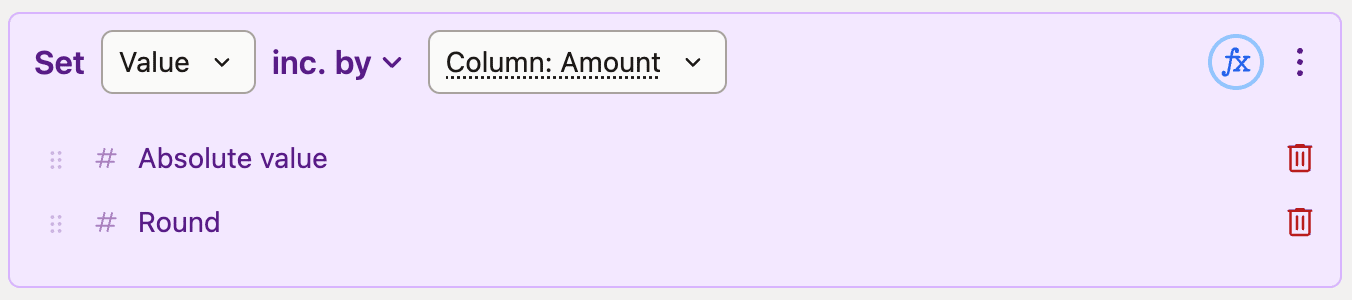 Screenshot of a data transformation tool interface showing options to increment a column named "Amount" by value, with extra functions listed.