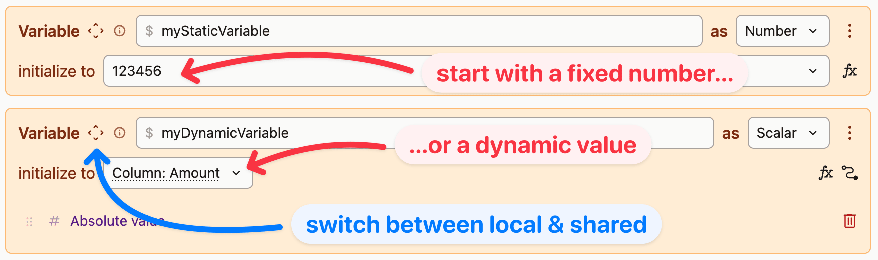 Screenshot showing variable initialization in a UI, with options for fixed numbers or dynamic values, and local/shared scope switching.