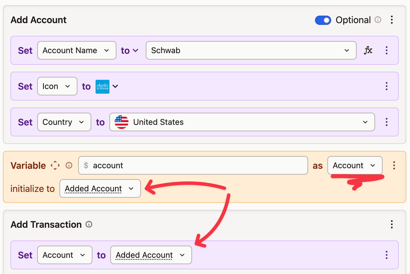 Screenshot of a workflow automation interface showing steps to add an account and transaction, with variable linking and highlighted connections.