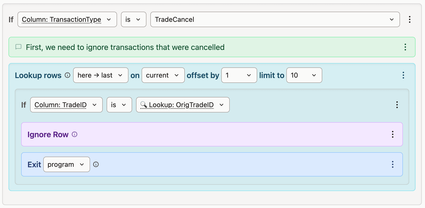 Screenshot of an automation workflow filtering out cancelled trade transactions using conditional logic and row lookup steps.