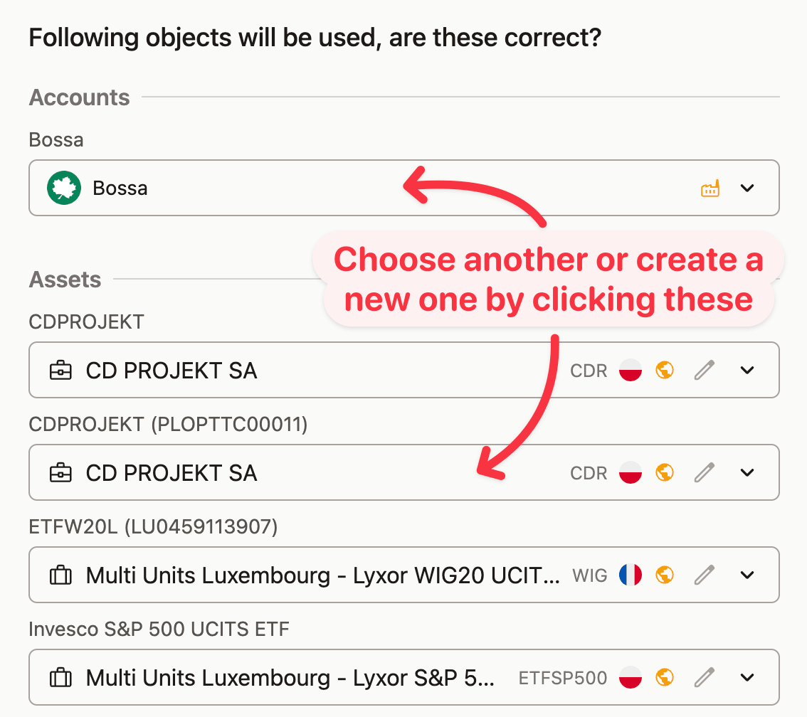 Screenshot of a financial app interface showing account and asset selection options with arrows and text guiding users to switch or add assets.