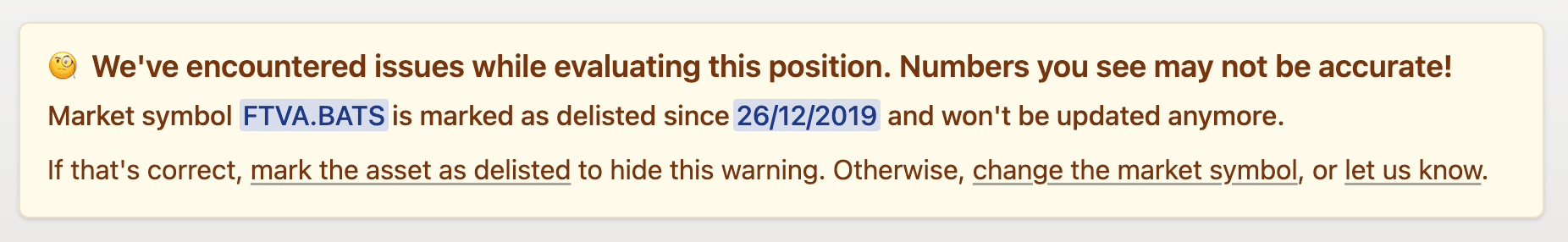 A notification warns that market symbol FTIVA.BATS was delisted on 26/12/2019, so position numbers may be inaccurate or outdated.