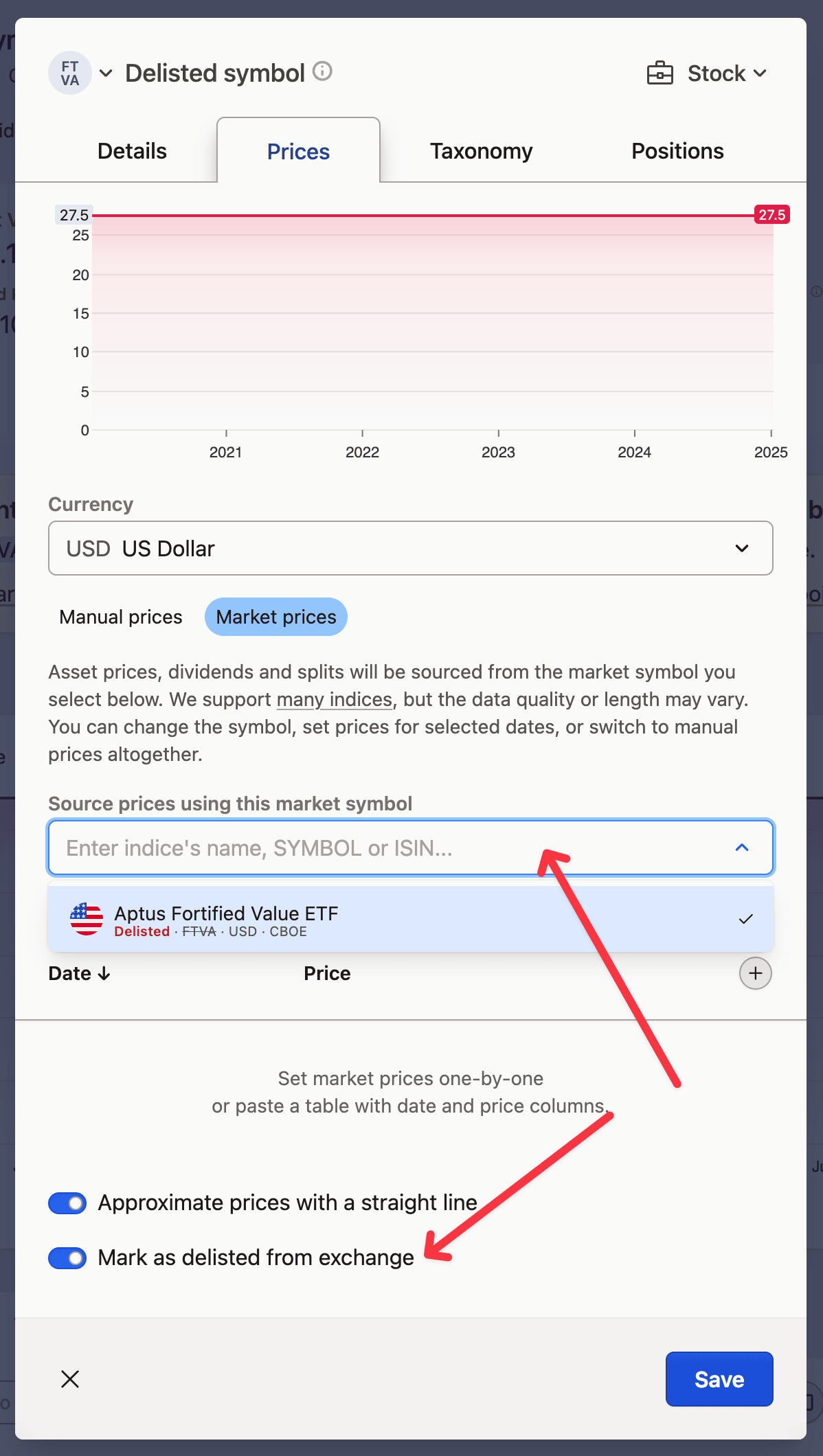 Screenshot of a financial platform interface showing options for handling delisted stock symbols, including price sourcing and marking as delisted.
