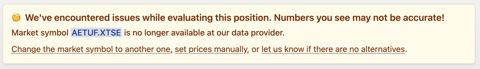Notification message stating that the market symbol AETUF.XTSE is unavailable, warning of potentially inaccurate data and offering alternatives.