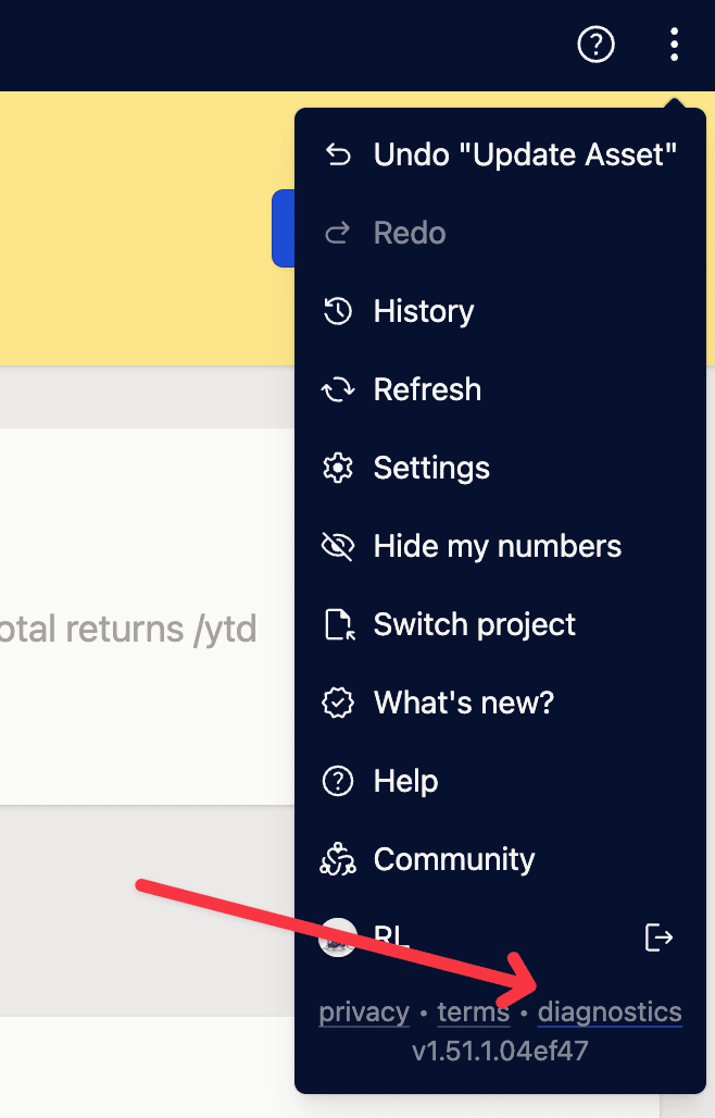 Screenshot of a dropdown menu in a web application with an arrow pointing to version v1.51.1.04ef47 next to privacy, terms, and diagnostics links.