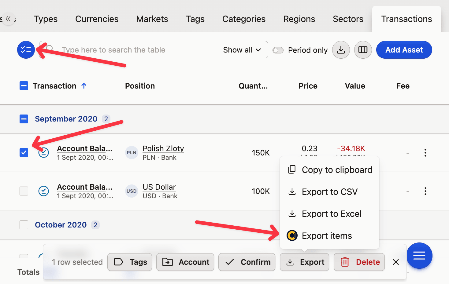 Screenshot of a financial dashboard showing transaction selection, date filters, and options to export items in CSV or Excel formats.