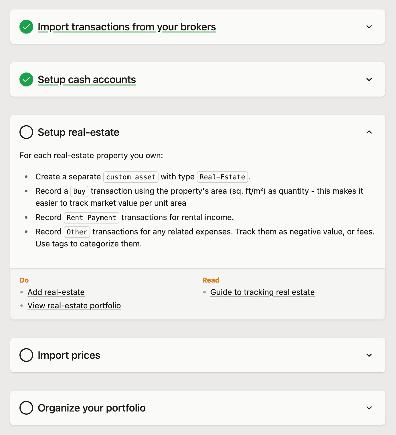 Screenshot of a financial platform setup guide showing steps for importing transactions, setting up accounts, and adding real estate assets.