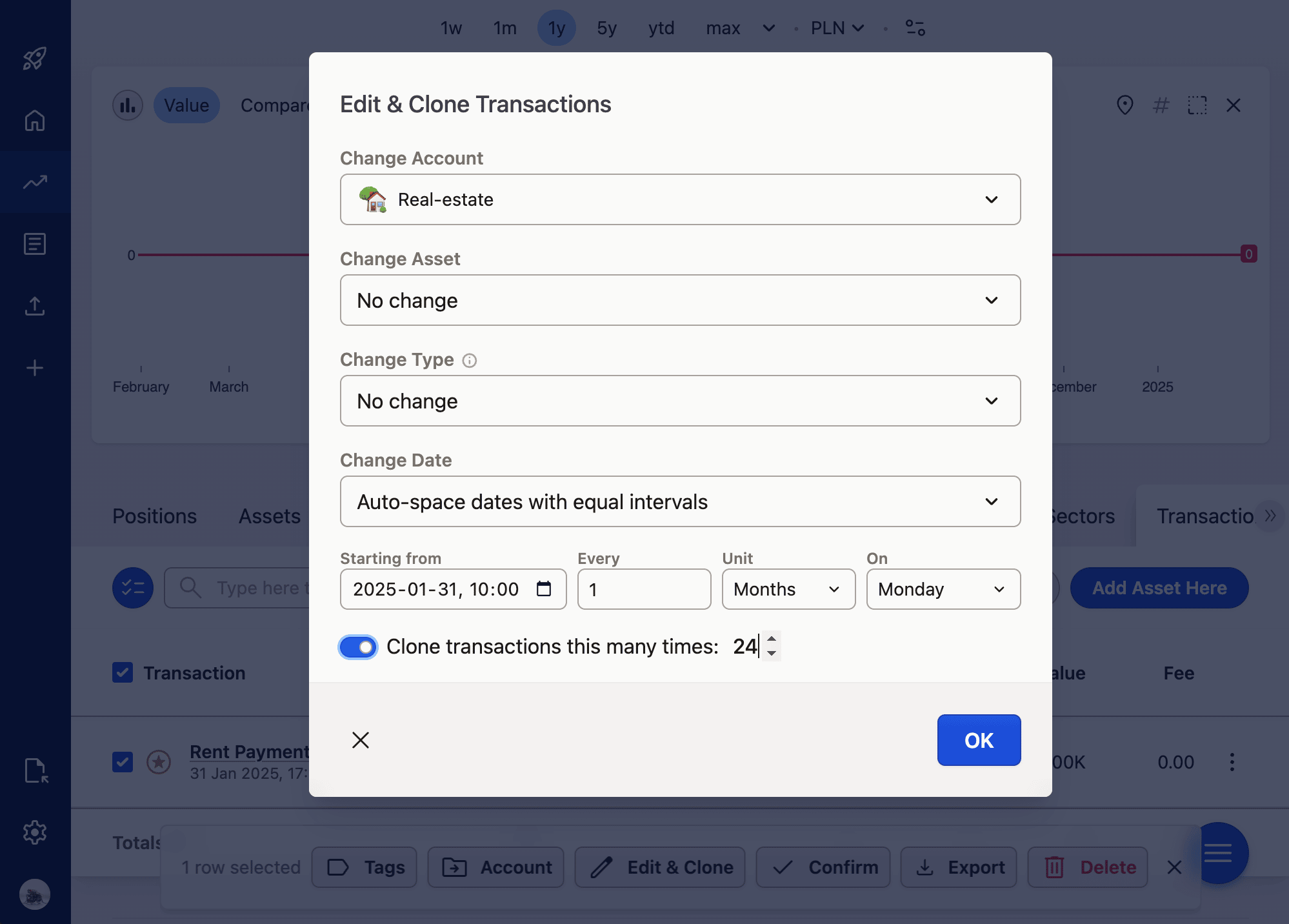 A screenshot of a financial app's "Edit & Clone Transactions" window, set to auto-clone real estate transactions every month for 24 times.