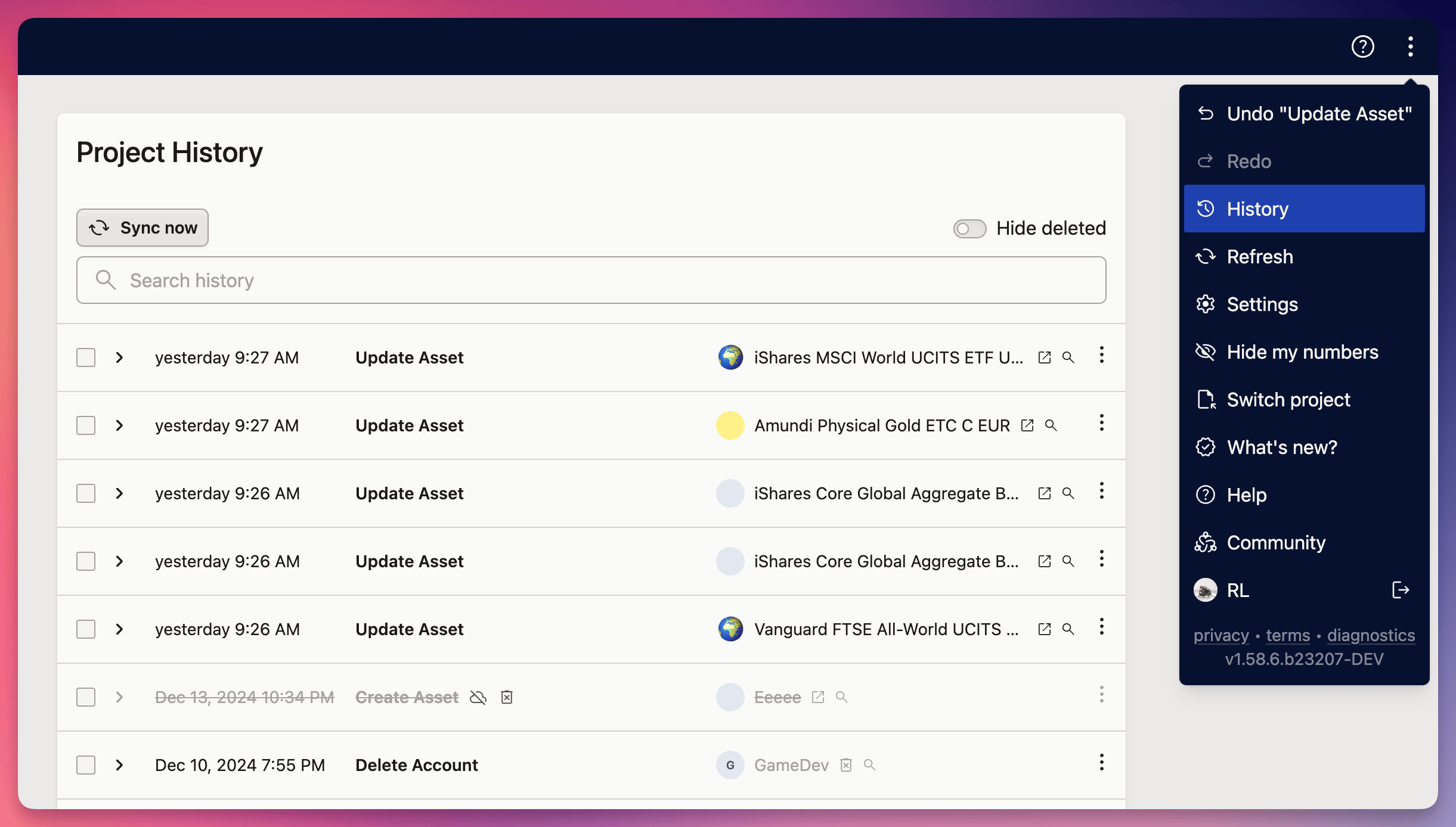 Screenshot of a project history dashboard showing asset updates, deletions, and a side menu with history and settings options selected.