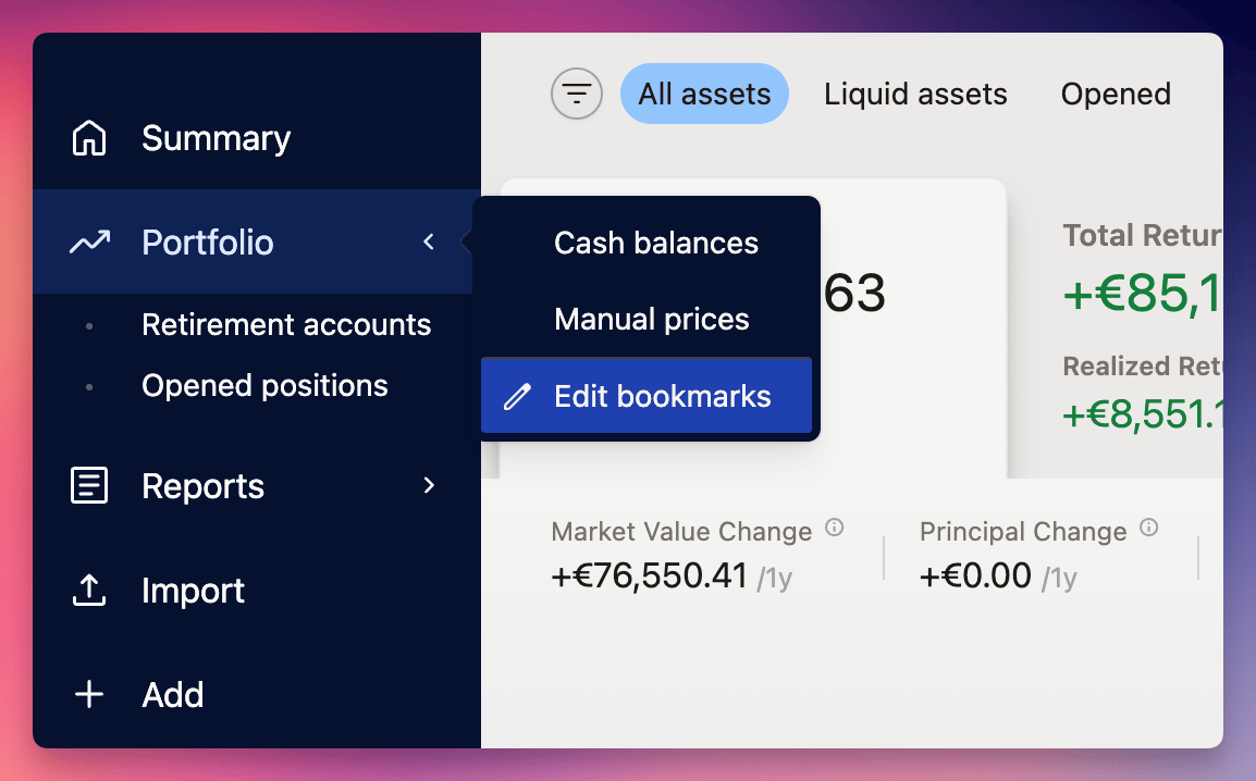 Screenshot of a financial dashboard with a sidebar menu highlighting "Portfolio" and a dropdown showing options like "Edit bookmarks."