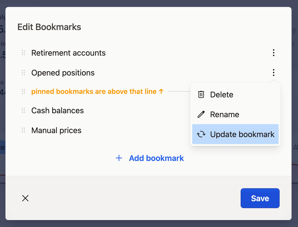 Screenshot of an "Edit Bookmarks" dialog showing options to delete, rename, or update a bookmark, with a save button at the bottom.