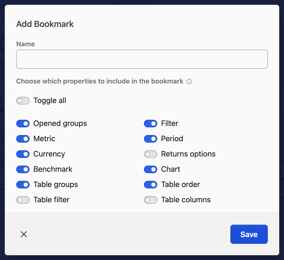 Screenshot of an "Add Bookmark" dialog with toggle options for various properties and a Save button in a modern web application interface.