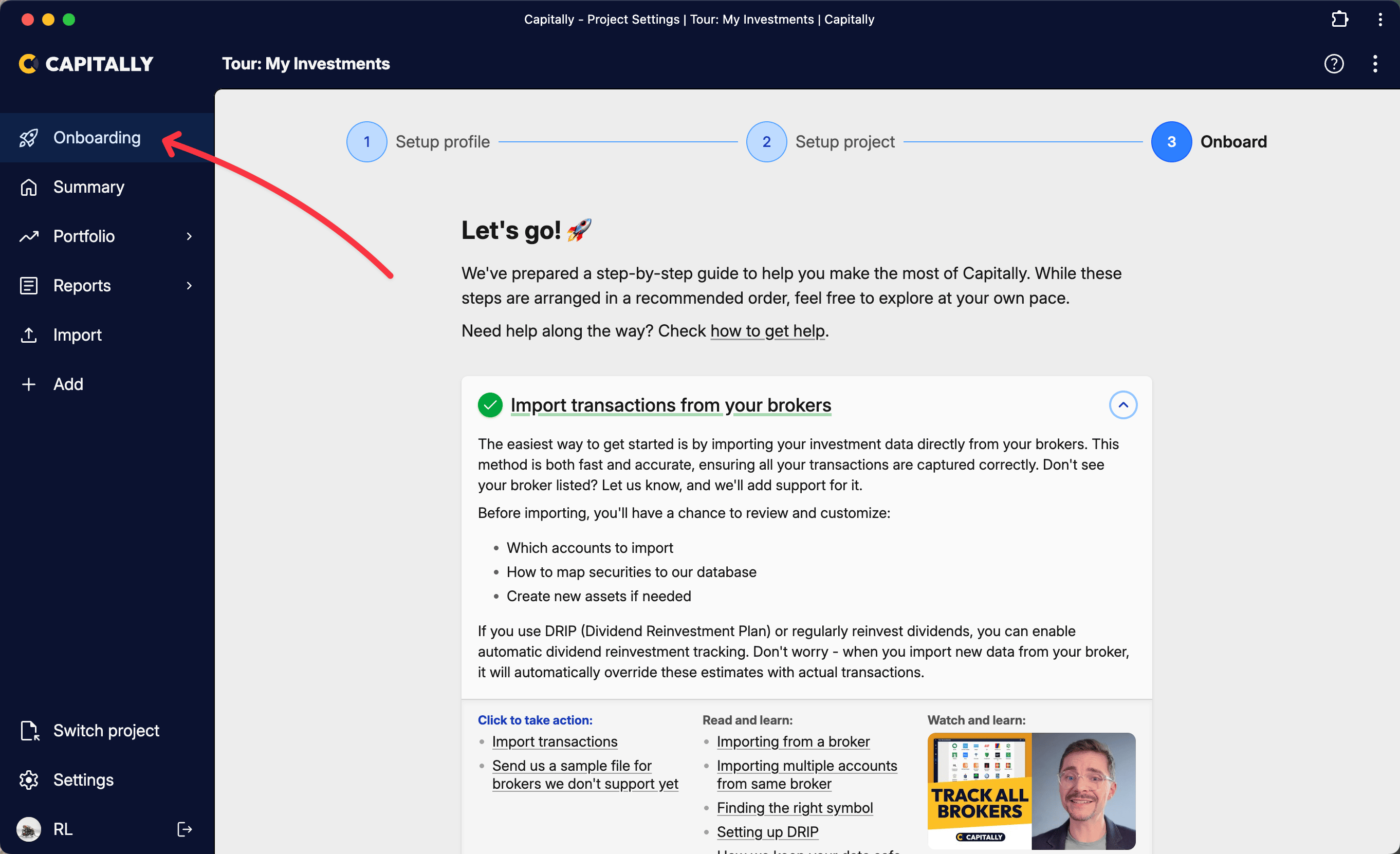 Screenshot of Capitally's onboarding page showing steps to import investment data from brokers, with navigation menu highlighted on the left.