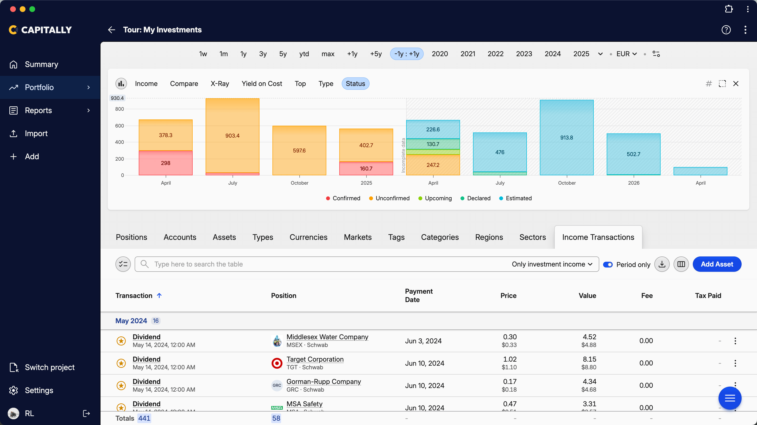 Dashboard of an investment management app showing income analytics, bar charts, and detailed transaction records for May 2024.
