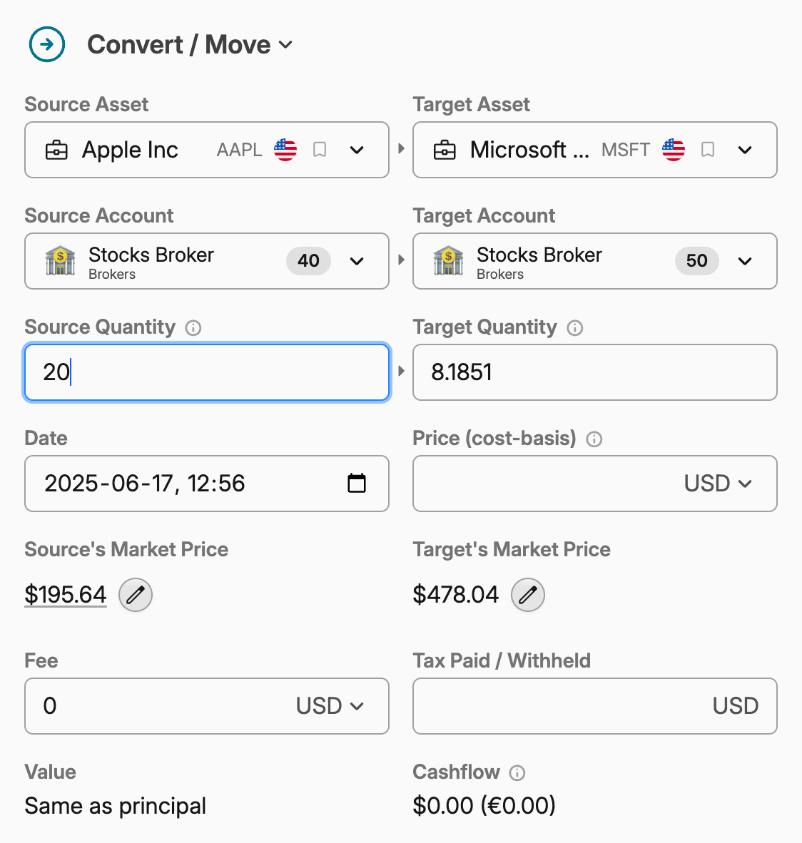 Screenshot of a financial platform interface showing conversion of 20 Apple shares to 8.1851 Microsoft shares with market prices displayed.