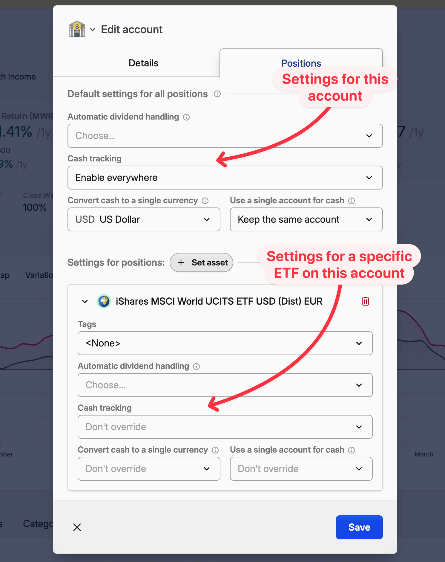 Screenshot of an account settings window showing default and specific ETF options for cash tracking and dividend handling in a finance app.