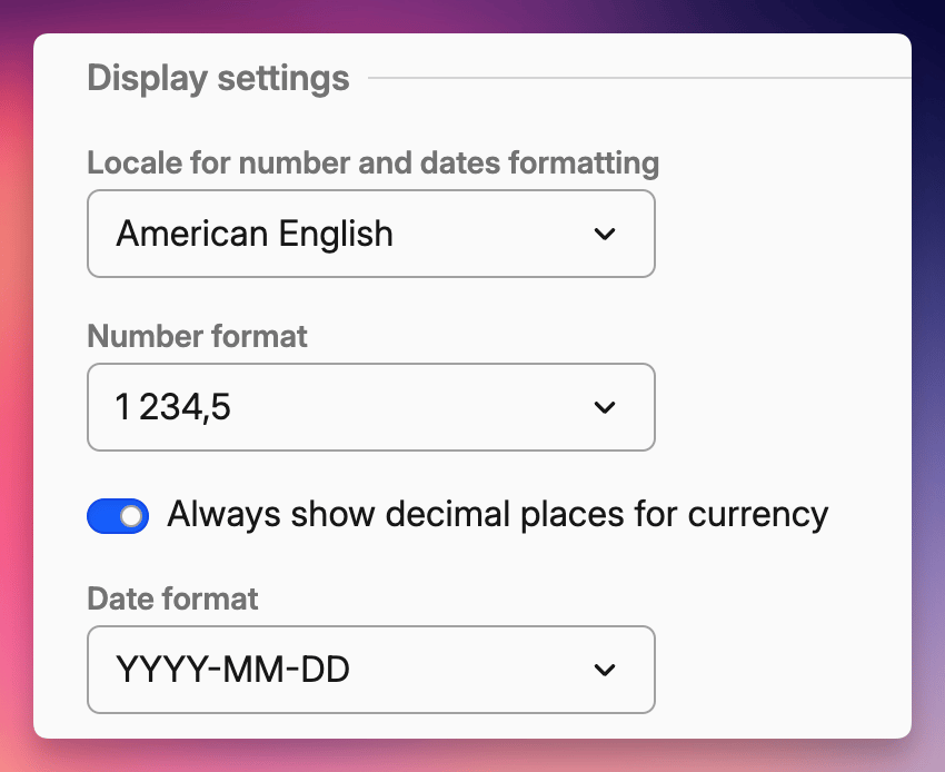 Screenshot of display settings menu showing options for locale, number format, decimal places for currency, and date format selection.