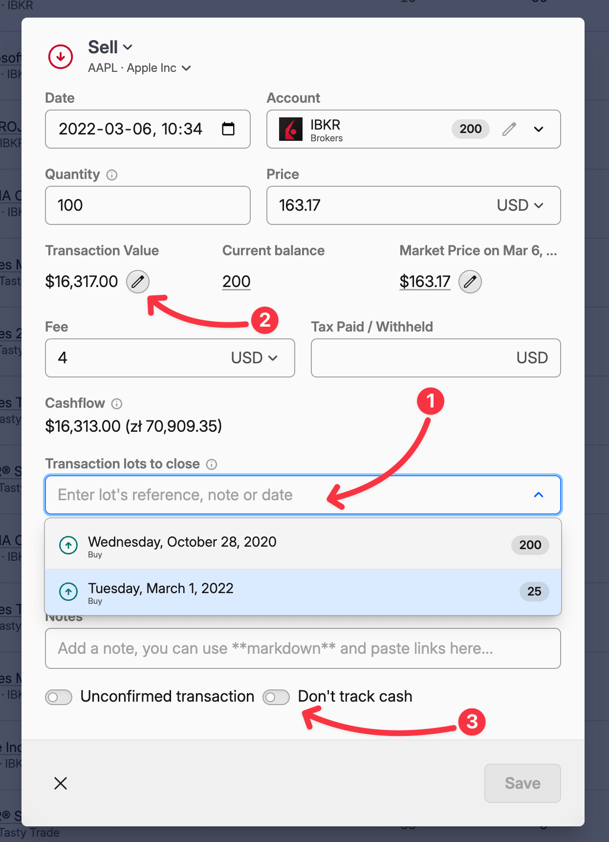 Screenshot of a stock sale form for AAPL, showing date, account, quantity, price, transaction value, and cashflow details.