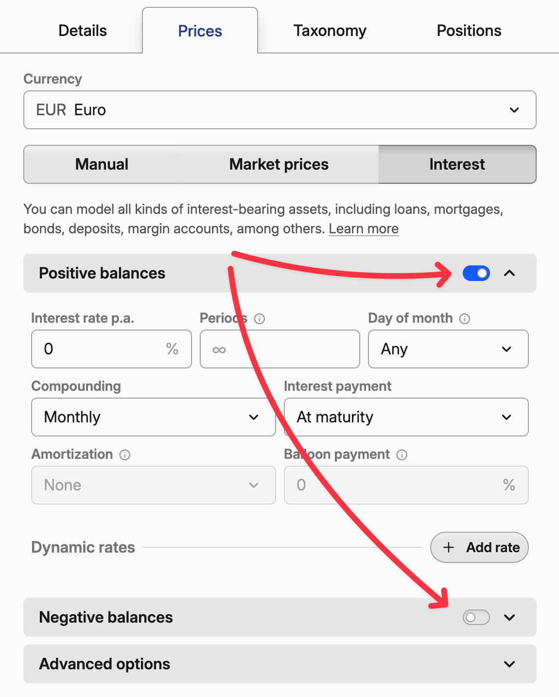 Screenshot of a financial platform's interest settings, showing options for positive and negative balances, rates, compounding, and payment terms.