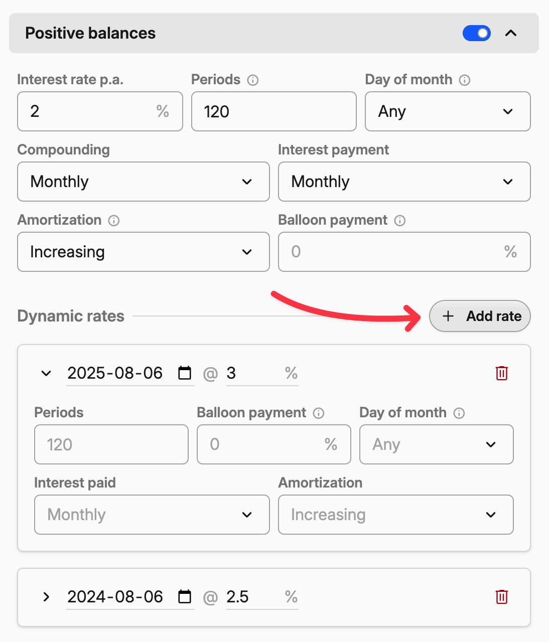 Screenshot of a financial calculator interface showing positive balance settings, interest rates, periods, amortization, and dynamic rate options.