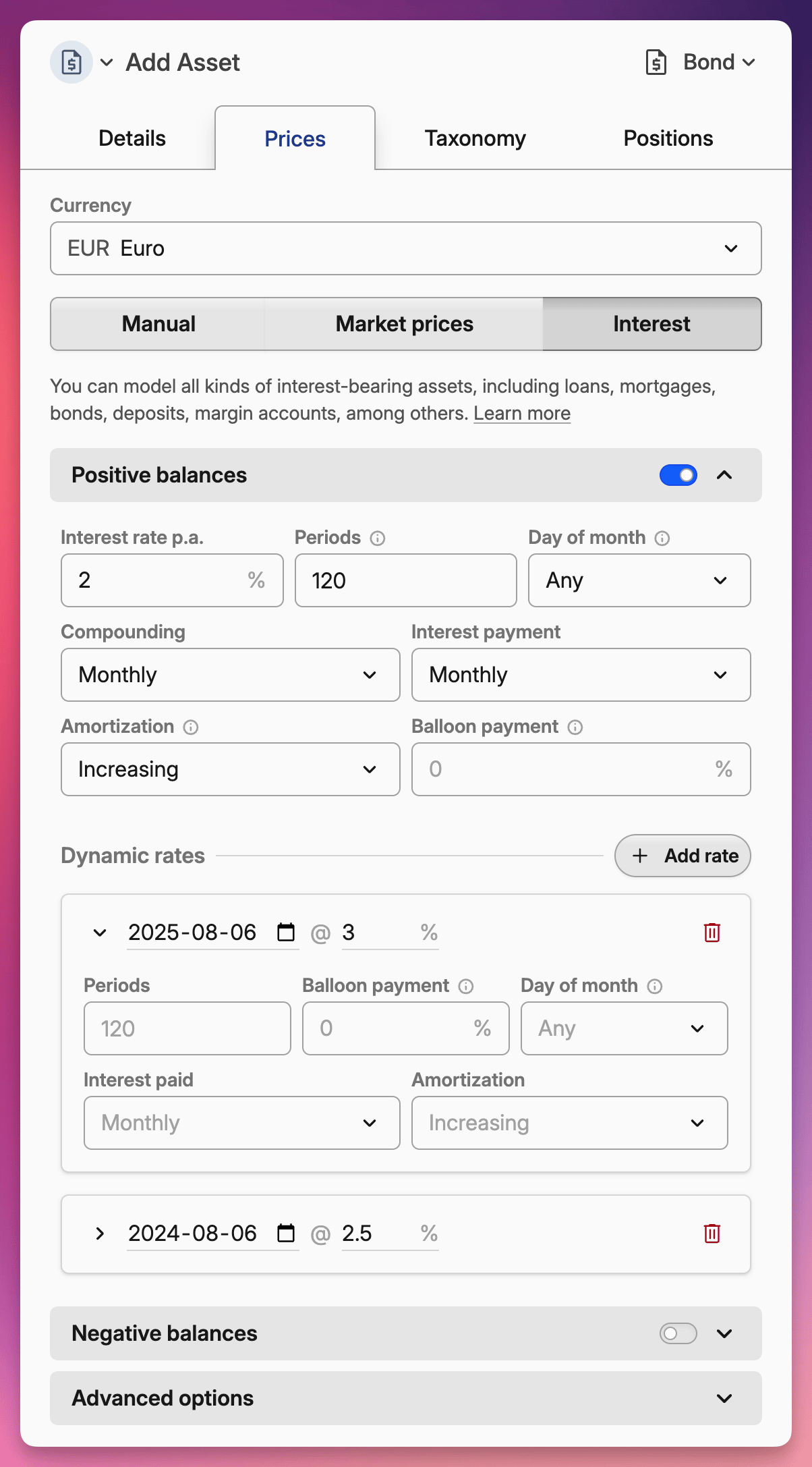 Screenshot of an asset management interface showing detailed options for adding interest-bearing assets and setting dynamic interest rates.