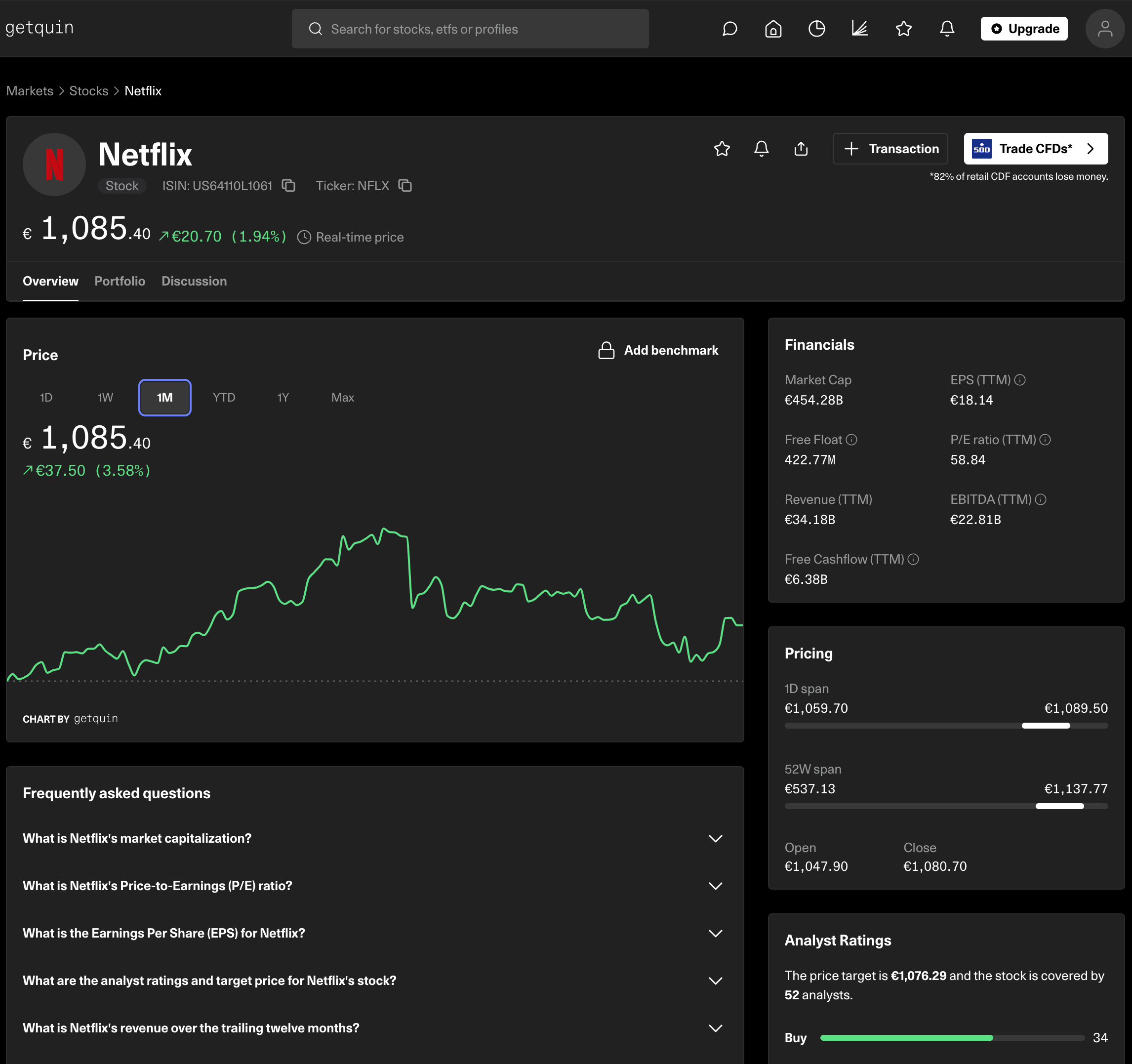Screenshot of Netflix stock overview on getquin, showing current price, historical chart, financials, analyst ratings, and key metrics.