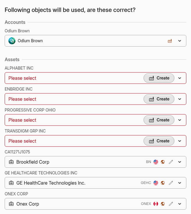 Import review for an Odlum Brown file: ALPHABET INC, ENBRIDGE INC, PROGRESSIVE CORP OHIO and TRANSDIGM GRP INC marked Please select, while Brookfield Corp, GE HealthCare Technologies and Onex Corp are matched automatically