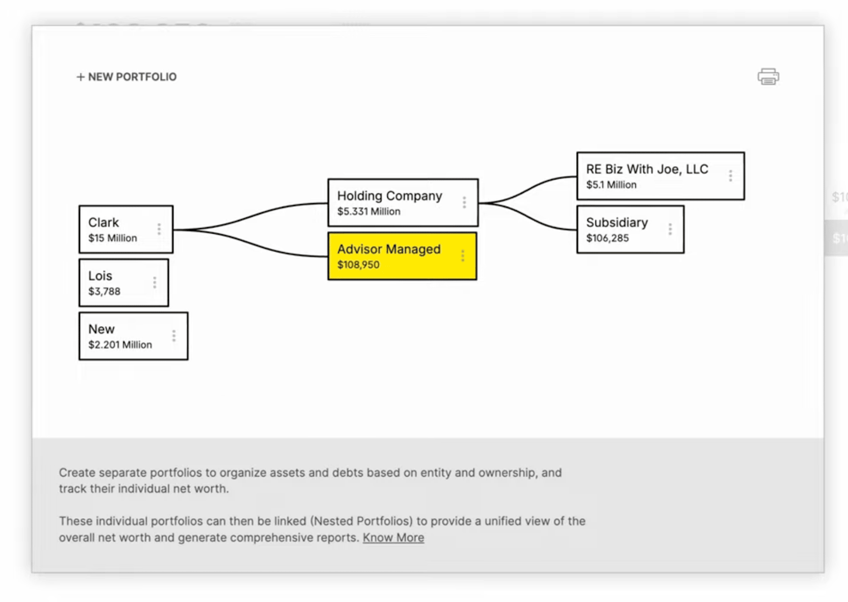 A portfolio management dashboard showing nested portfolios, entity connections, and individual net worths for financial organization.