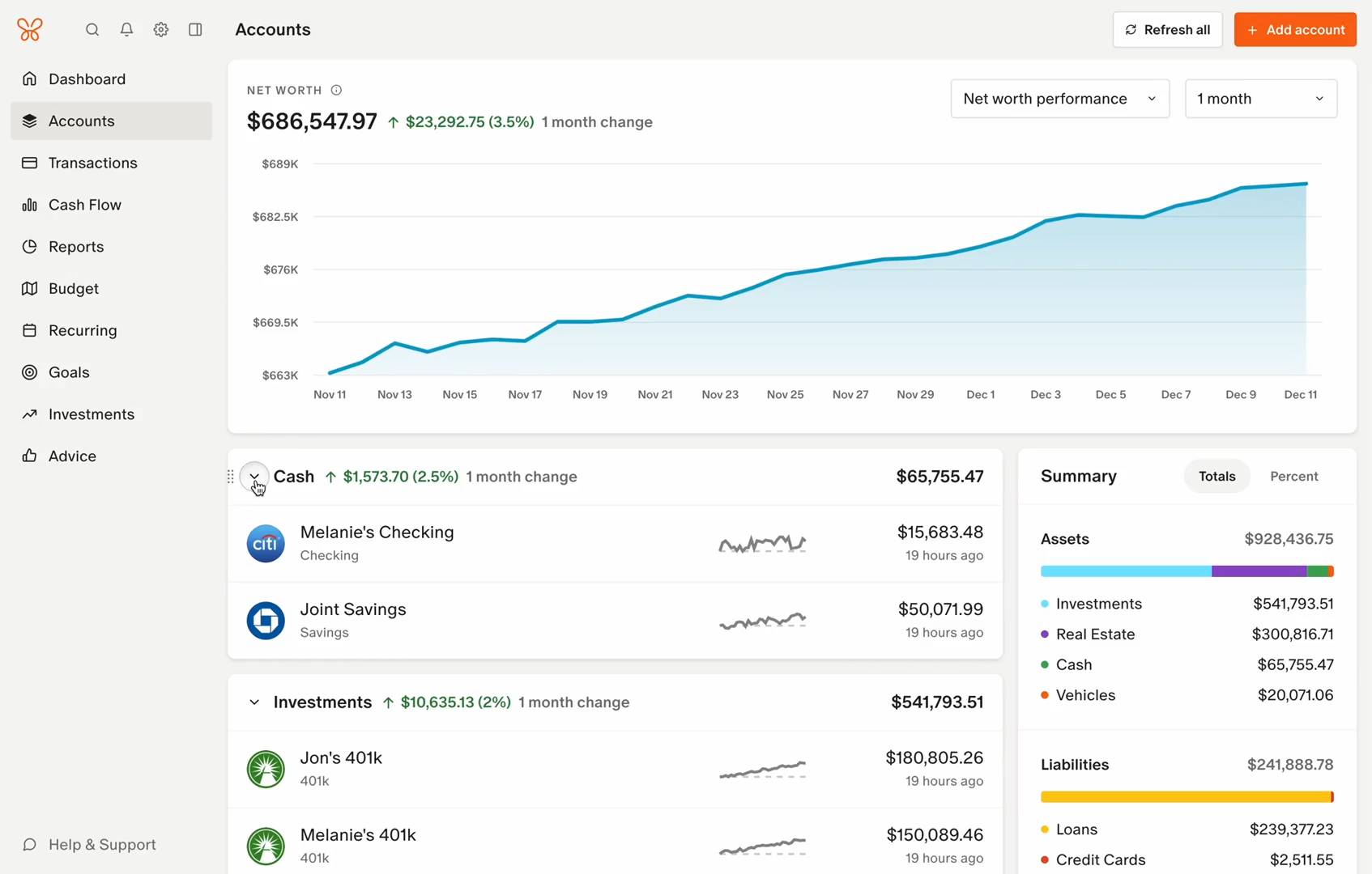 Screenshot of a personal finance dashboard showing net worth growth, account balances, asset breakdown, and investment performance graphs.