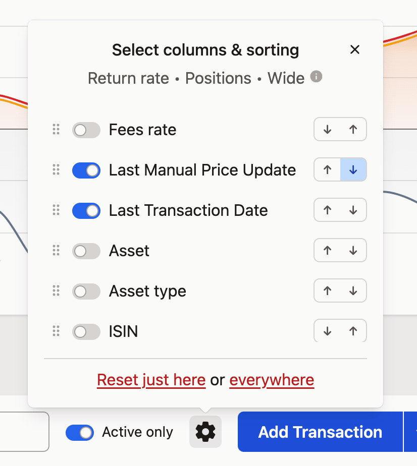 Screenshot of a finance app settings menu showing column and sorting options for Fees rate, Last Manual Price Update, and Last Transaction Date.