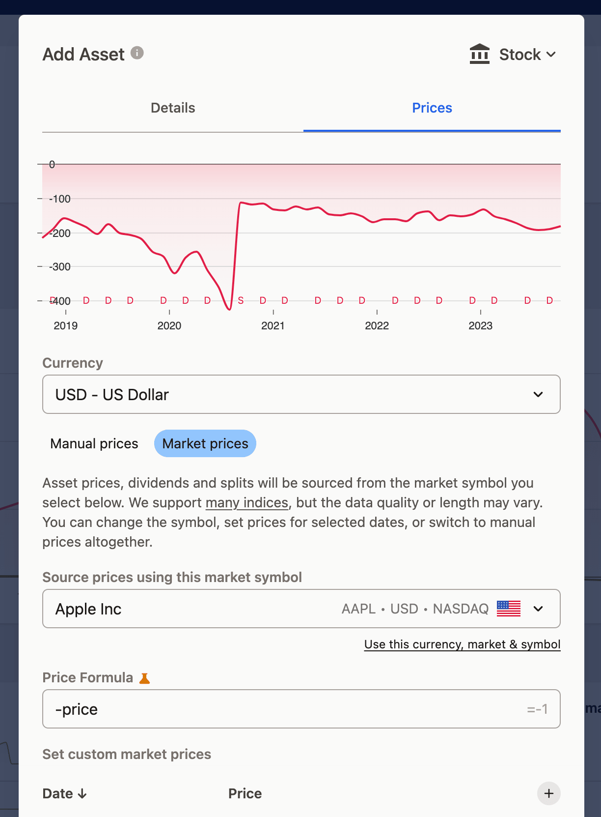 Screenshot of an asset management platform showing Apple Inc. stock price trends, data selection fields, and price formula options.